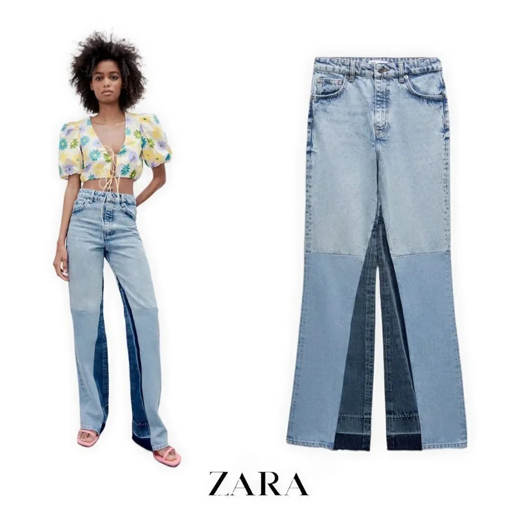 ZARA Patchwork Wide Leg Jeans Color Block Blue NWT Size 0 (24) - Picture 9 of 9